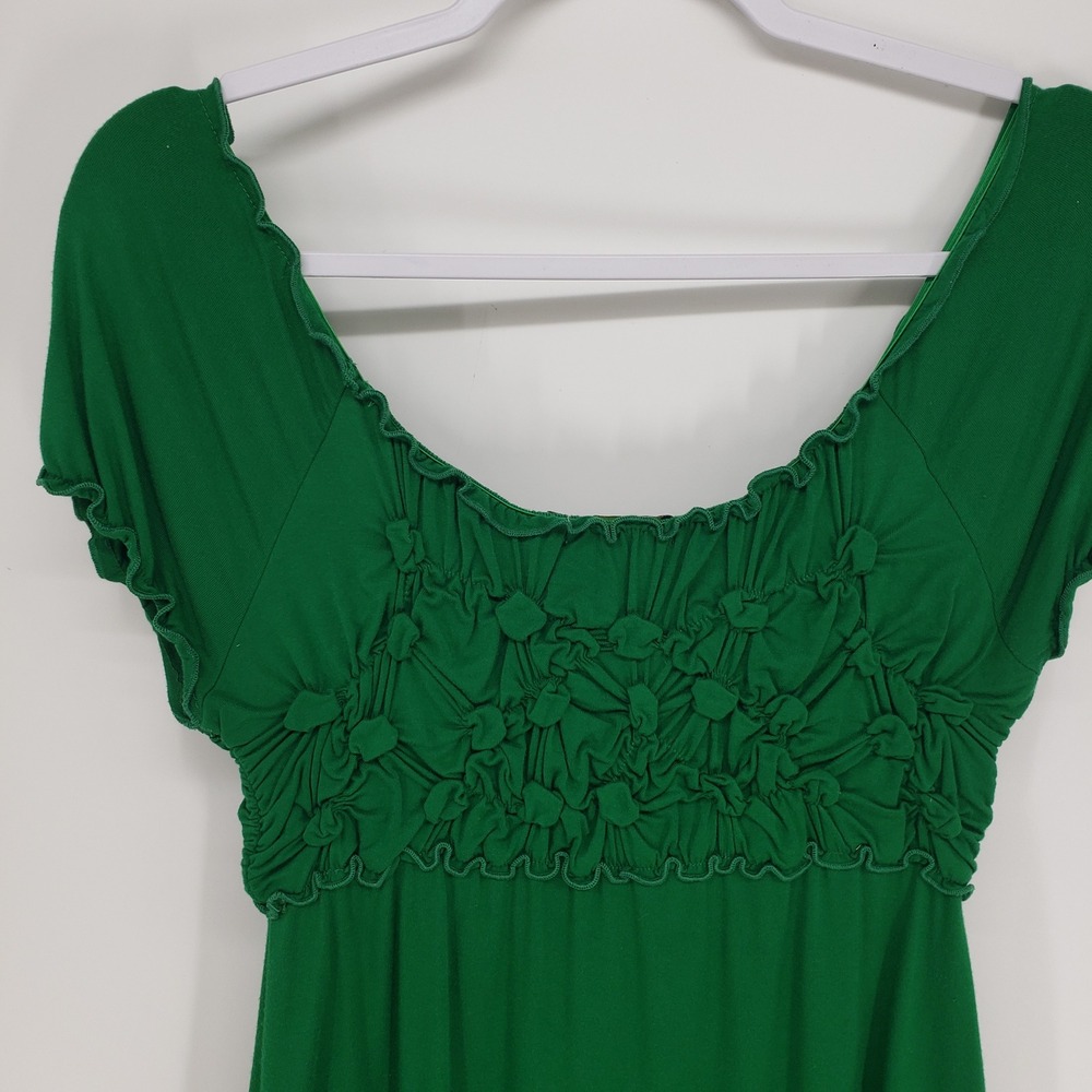 Y2K Smocked Bodice Babydoll Top Womens M Green Cap Sleeve Scoop Neck Ruffle Trim - Picture 5 of 8